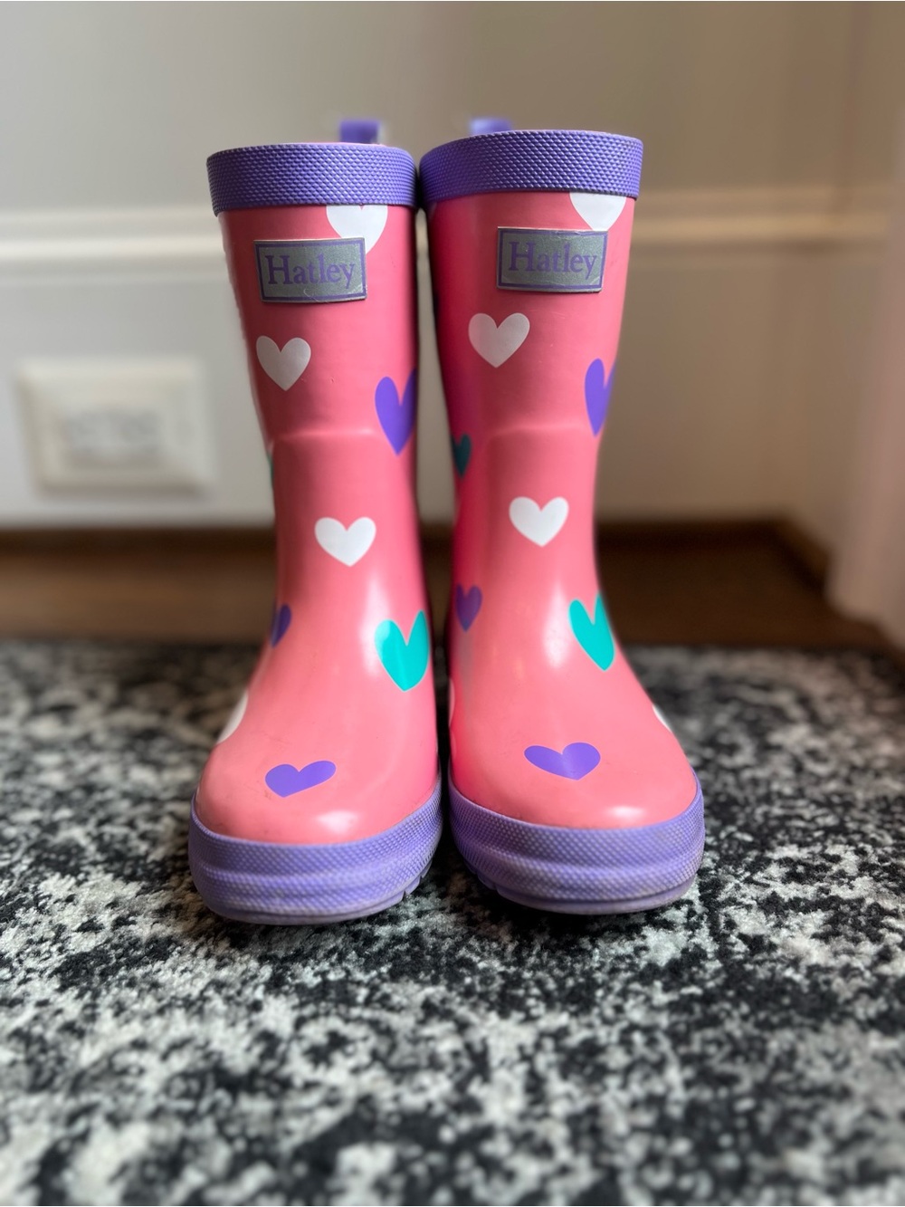Hatley Pink Rain Boots with Turquoise Hearts and Purple Trim - size 12 toddler